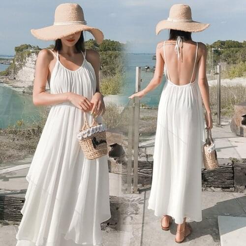 TingYiLi Women Sexy Backless Holiday Beach Boho Dress Summer Sleeveless White Slip Dress Elegant Ruffle Chiffon Long Maxi Dress