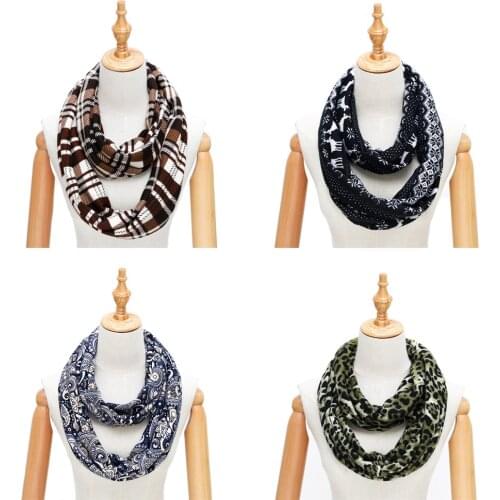 2019 Print Women Scarf With Pocket Winter Infinity Scarves Neck Circle Cable Warm Soft Ring Scarf Female