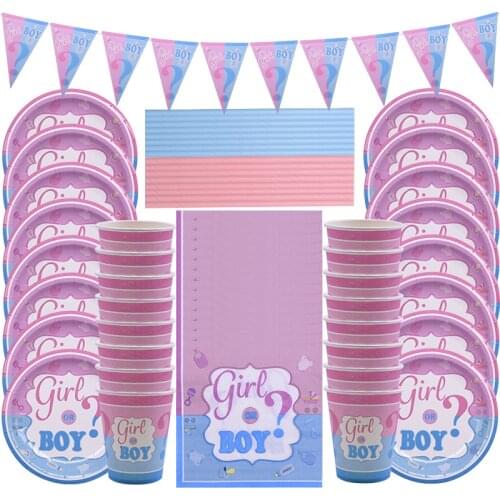 65pcs/set Gender Reveal Disposable Tableware Set Boy or Girl Paper Plates Napkins Straws Gender Reveal Party Supplies Decoration