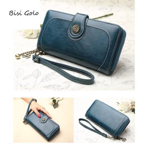 Bisi Goro Multi-Color Leather Wallet for Women Card Holder Cell Phone Pocket Blue Orange Black Long Phone Coin Purses Zipper Bag