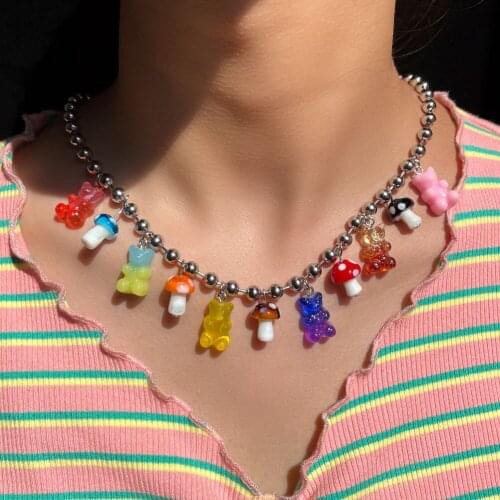 Harajuku Stainless Steel Beads Chain Gummy Bear Necklace for Women Girls Fashion Colorful Mushroom Pendant Necklace Y2K Jewelry