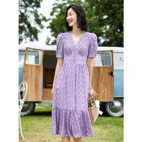 French Silk Dress Floral 2021 Summer New Womens Purple Temperament V-neck Waist-Slimming Long Dress