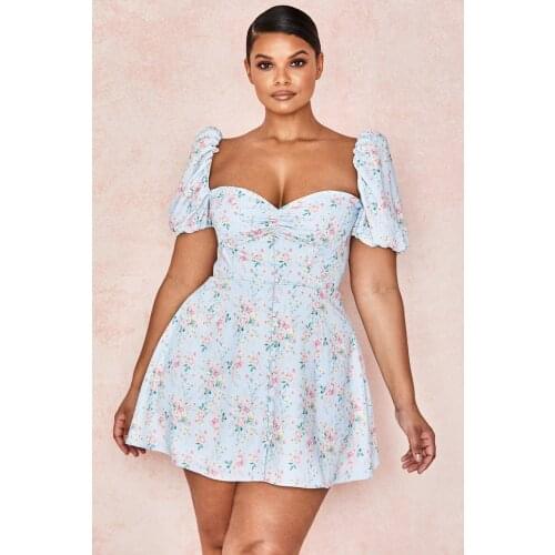 Hirigin Ladies Summer Sexy Low-cut Dress Women Leisure Style Temperament Floral Printing Puff Sleeve Backless Zipper Short Skirt