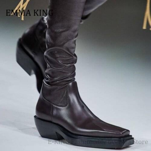 Square Toe Leather Elastic Long Boots Kitten Heels Cowboy Over The Knee Boots Motorcycle boots Party Dress Shoes Woman Botas