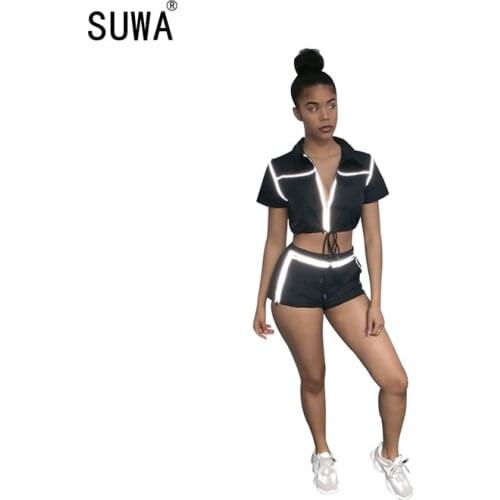 2020 Fashion Waterproof Fluorescent Color Sports Suit Short Sleeve Zipper Navel Lace Up Jacket Slim Hot Shorts Two-piece suit