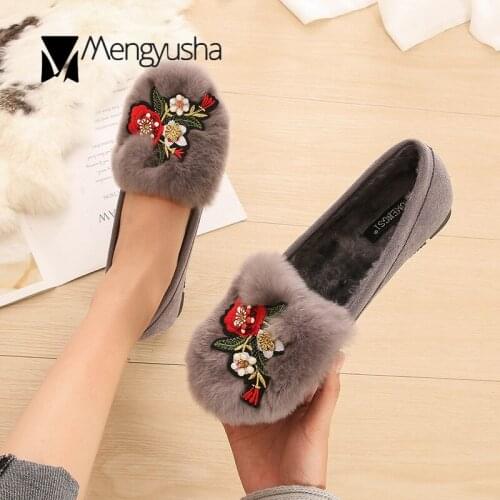 Winter plush creepers non-slip loafers luxury rabbit hair warm slip-on moccasins trendy embroider flower beading cotton shoes 43