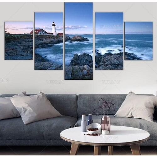 Seascape Artwork for Home Walls Portland Head Lighthouse Paintings Maine Landmark Pictures for Living Room 5 Piece Prints canvas
