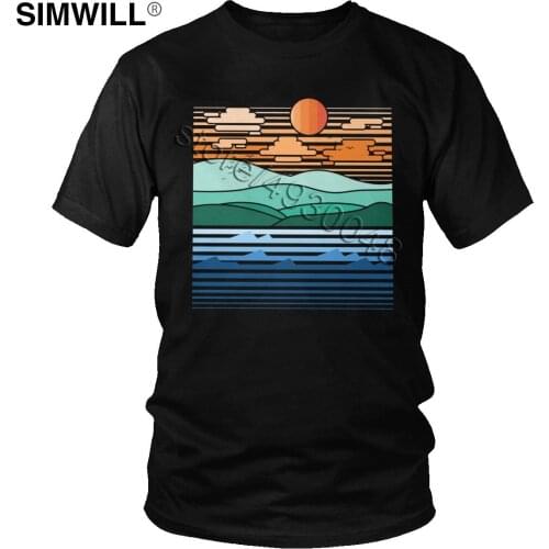 Male The Forest Ocean T-Shirt Unique Mountain Sunset T Shirts Short Sleeves Pure Cotton Print Tees Round Neck Trend Clothes
