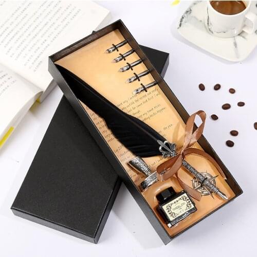 Conjunto de caneta de imersão de cabelo comprido estilo europeu retro caneta-tinteiro para escrever papelaria caixa de presente