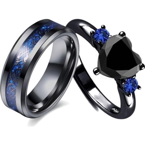 Charm Couple Rings Men Stainless Steel Celtic Dragon Ring Black Zircon Womens Wedding Band Rings Set Valentines Day Jewelry