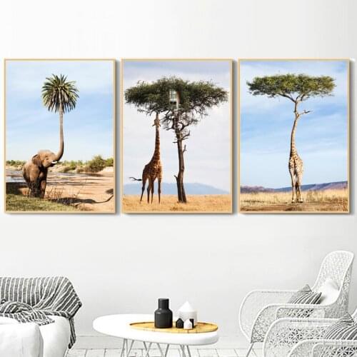 Wall Art Print Canvas Painting Elephant Giraffe Grassland Tree Nordic Abstract Posters And Prints Canvas Pictures Living Room