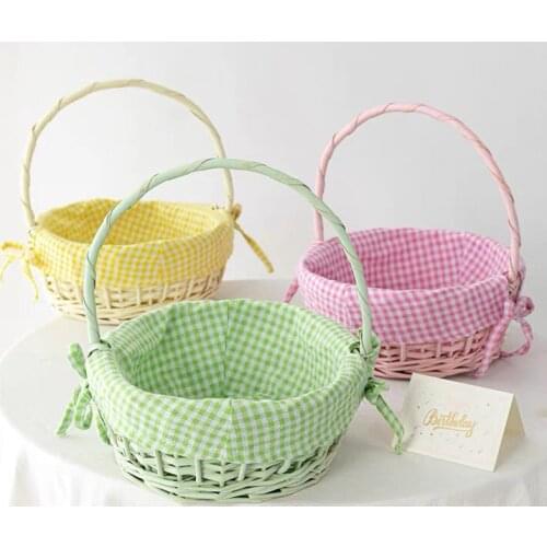 Wicker Rattan Woven Flower Basket with Handles Hand-held Picnic Basket Idyllic Living Room Decoration Wedding Flower Girl Basket