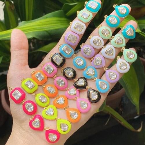 10Pcs New Gold Plated Colorful Enamel Heart/Drop/Square/Oval Oil Neon Zircon Charm Pendants for Necklace Earring Making Supplies