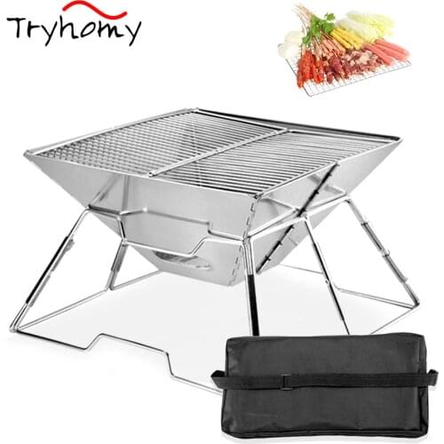 Portable Stainless Steel BBQ Grill Non-stick Surface Folding Barbecue Grill Stove Outdoor Camping Picnic Barbecue Charcoal Grill