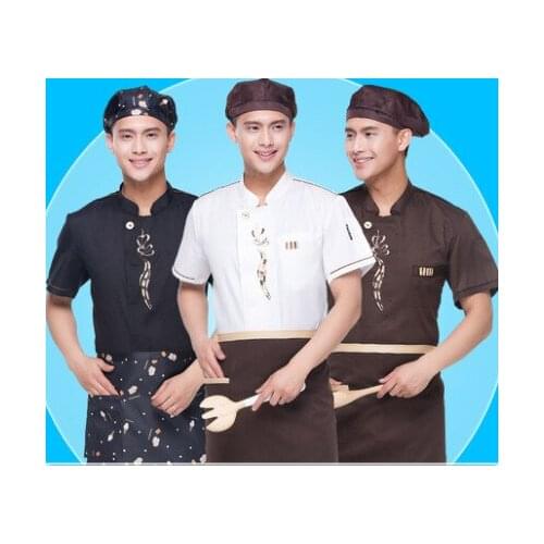 Chef Work Wear Tops Food Service Cafe Hotel Kitchen Cooking Jacket Short Sleeve T-shirt Floral Embroidery Clothing Uniform Apron