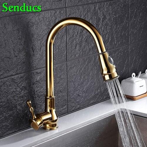 Senducs Gold Pull Out Kitchen Faucet Quality Brass Kitchen Sink Faucet Single Lever Hot Cold Pull Down Kitchen Sink Water Faucet