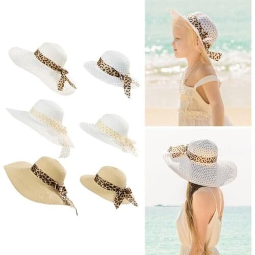 2021 New Women Girls Wide Brim Straw Hats with Bowknot Ribbon Summer Holiday UV Protection Visor Parent-Child Cap for Adult Kids