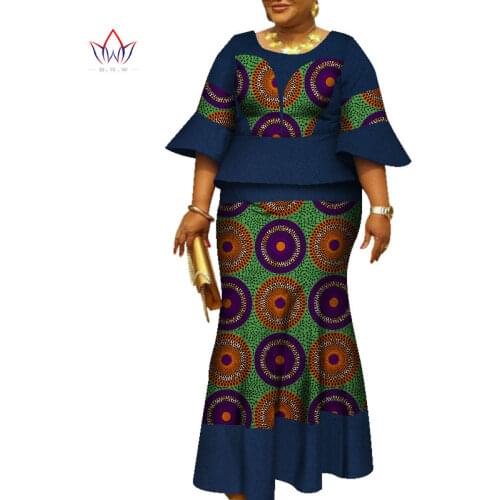 African Ruffles Sleeve Print Tops and Skirt Sets for Women Bazin Riche African Clothing 2 Pieces Customize Skirts Sets WY5712