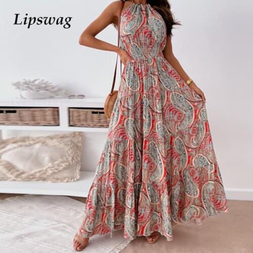 2021 Summer Backless Casual Floral Print Long Dress Fashion Sexy Loose Beach Dress Women Elegant Halter Sleeveless Party Dress