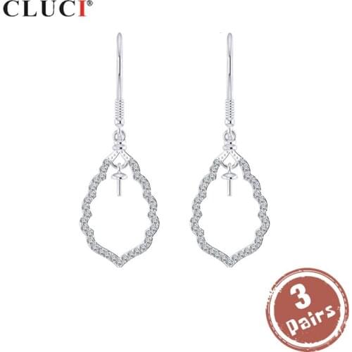CLUCI 3 pair wholesale Silver 925 Zircon Earrings For Women Pearl Mounting 925 Sterling Silver Water Drop Earrings SE112SB