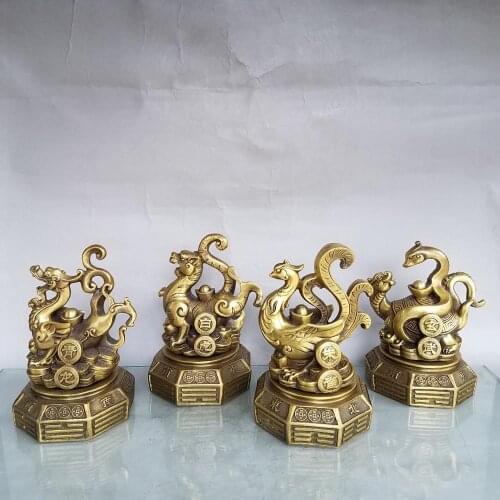 8" Chinese Seikos Red Bronze Qinglong White tiger Suzaku Basalt statue Town House Ward off evil spirits Base rotation