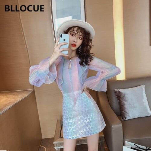 BLLOCUE 2020 Spring New Ruffled Iridescent Long-Sleeved Shirt + High-Waist A-line Skirt Two-piece Fashion Suit Womens Clothing