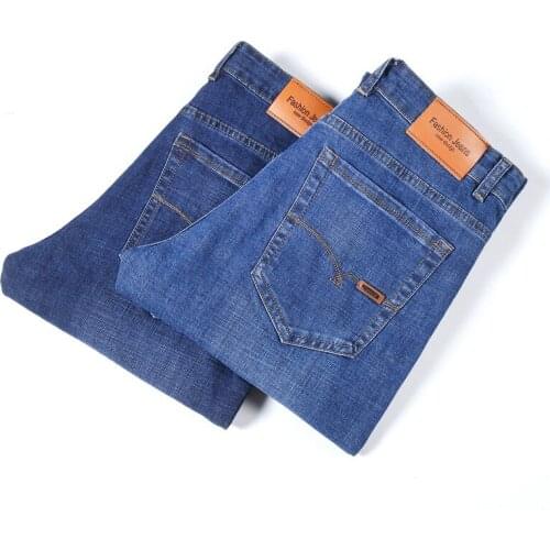 2021 Mens Jeans Classic Straight Regular Smart Casual Blue Elastic Denim Pants Brand TrousersMale Clothes