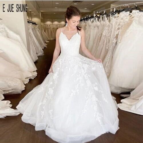 E JUE SHUNG Elegant Lace Boho Wedding Dresses Spaghetti Straps Lace Up Back Bridal Gowns Sleeveless robe de mariee