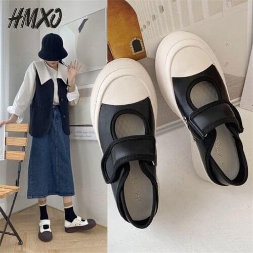 HMXO Hottie Canvas Thick-soled Mary Jane Shoes Velcro French Word Belt Half-pack Heel Slippers Shoes Retro Hepburn Women Shoes