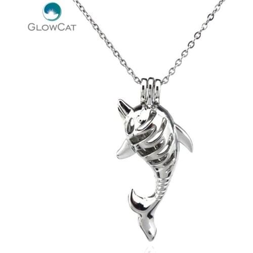 K111 Silver 42mm Dolphin Dffuser Locket Necklace Pearl Bead Cage Steel Chain Aroma Essential Oil Diffuser Locket