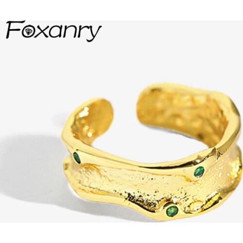 Foxanry 925 Sterling Silver Rings New Fashion Elegant Vintage Creative Irregular Texture Green Zircon Party Jewelry for Women