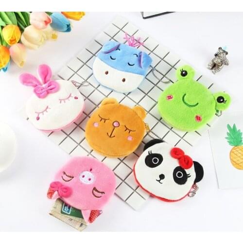 Mini Cartoon Animal Head Rabbit Pig Panda Circular Coin Purse Bag Key Case Kawaii Plush Toys Stuffed Toy Birthday Student Gift