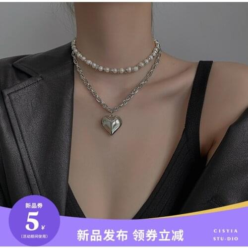 Fashion punk love pendant pearl necklace 2021 new female double layered clavicle chain suit