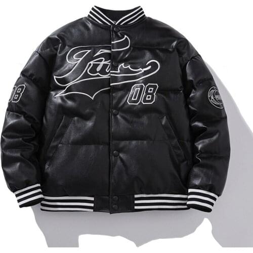 Mens Bomber Padded Jacket 2021 winter PU Leather Fabric Digital Letters Printed High Street Windbreaker Single Breasted Coat