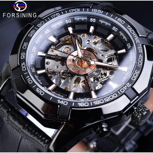 Forsining Watch Men Fashion Mechanical Hot Watches Black Skeleton Male Relojes Masculino Drop Shipping Analog Leather Wristwatch