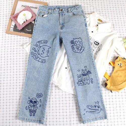 Cute Cat Pattern Printed Casual Straight Denim Pants Streetwear Washed Casual Jeans High Waist Loose Jeans