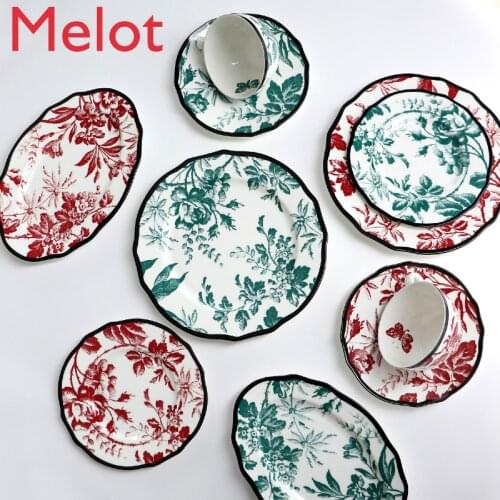 Hand-Painted Personalized Creative Bone China Heavy Industry Vintage Wax Leaf Printing Series Dinner Plate Pastry Plate