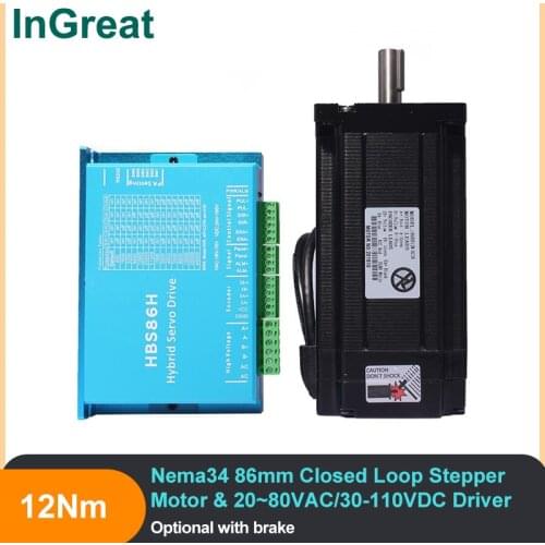 86mm Nema34 Closed Stepper motor with brake 12Nm 2 Phase 1.8degree 6A & DSP 20~80VAC/30-110VDC Stepper motor Driver cooling fan