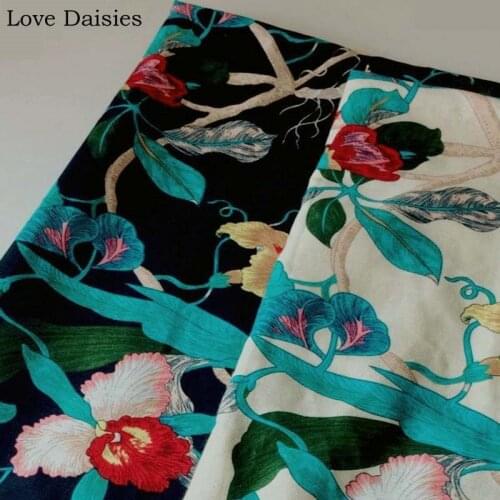 Cotton/Linen CREAMY-WHITE NAVY Literary style Big Flower Floral Fabrics for Tablecloth Curtain Cushions Apparel Cheongsam Craft