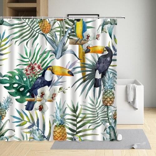 Tropical Forest Fruit Pineapple Shower Curtain Plumeria Papaya Banana Green Coconut Mango Monkey Toucan Cloth Bathroom Decor
