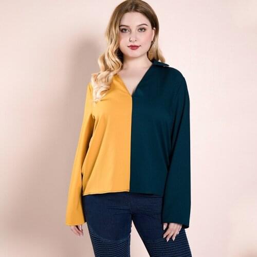 XL To 4XL Plus Size Blouse Women Tops Color Patchwork Long Sleeve V-neck Casual Women Shirts Blusas