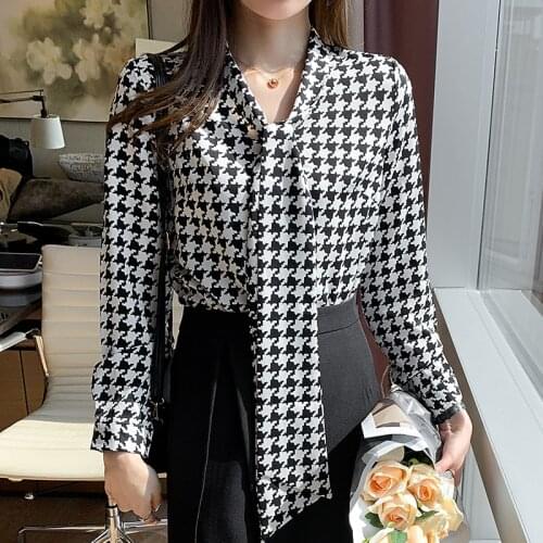 Spring Autumn Houndstooth Shirt Women Streetwear Long Sleeve Tie Bow Blouse Plus Size Tops Blouses chemise femme