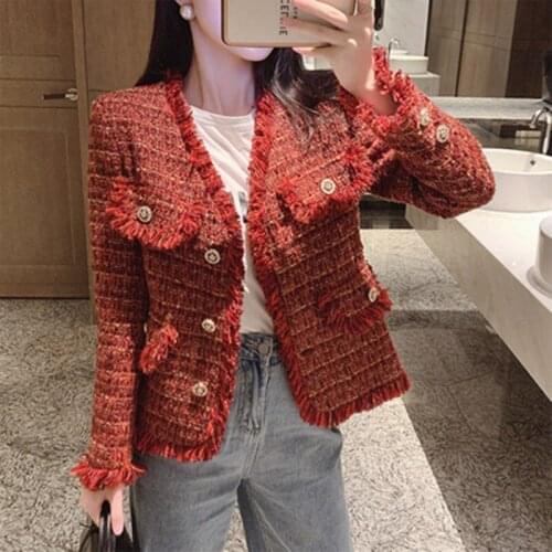 Fashion Runway Tweed Jacket Coat 2021 Autumn Winter Women Fringed Trim V-Neck Long Sleeves Casual Outerwear