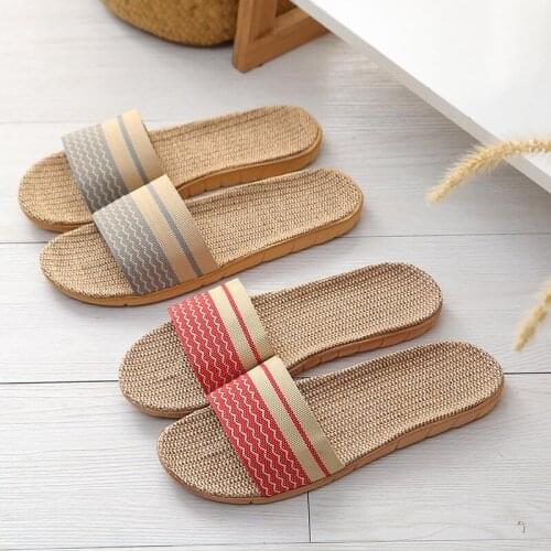 Ladies Summer Flax Slippers Woman/Men Stripes Linen Slide Indoor Couple Bathroom Flip Flops Female/Male Beach Sandals Home Shoes