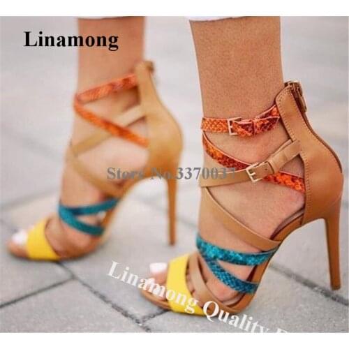 Linamong Women Summer Fashion Open Toe Stiletto Heel Gladiator Sandals Snake Leather Straps Cross High Heel Sandals