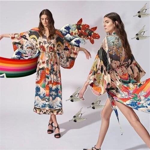 Women New Print Long Selve Beach Kaftan Swimwear Robe Plage Tunic For Bikini Cover Up Vestido De Playa Mujer Beach Cover Up