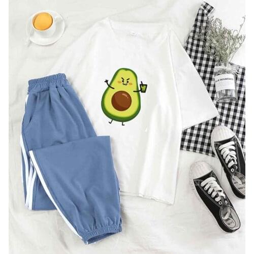 2 Piece Women Set Striped Trousers Women Cottagecore Aesthetics Avocado Cartoon T Shirt Kawaii Loose Pants Sweatpants Suit