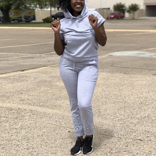 Ladies 2 Pieces Top and Pant Sets Summer 2021 Grey Beading Hooded Blouse & Trousers Fashion Daily Wear Outfits Matching Sets Hot