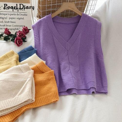 Pearl Diary Women Spring Autumn Sweater Vest Solid Color V Neck Sleeveless Casual Cropped Pullover England Vintage Basic Style