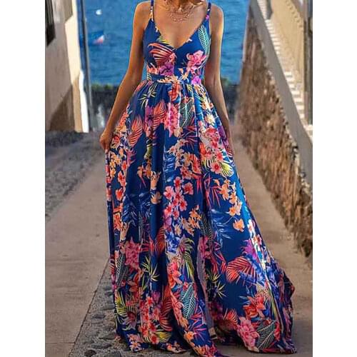 Spring Retro Floral Print Hem A-Line Dress Boho Dress 2021 Women Deep V Neck Long Party Dress Summer Sleeveless Maxi Beach Dress